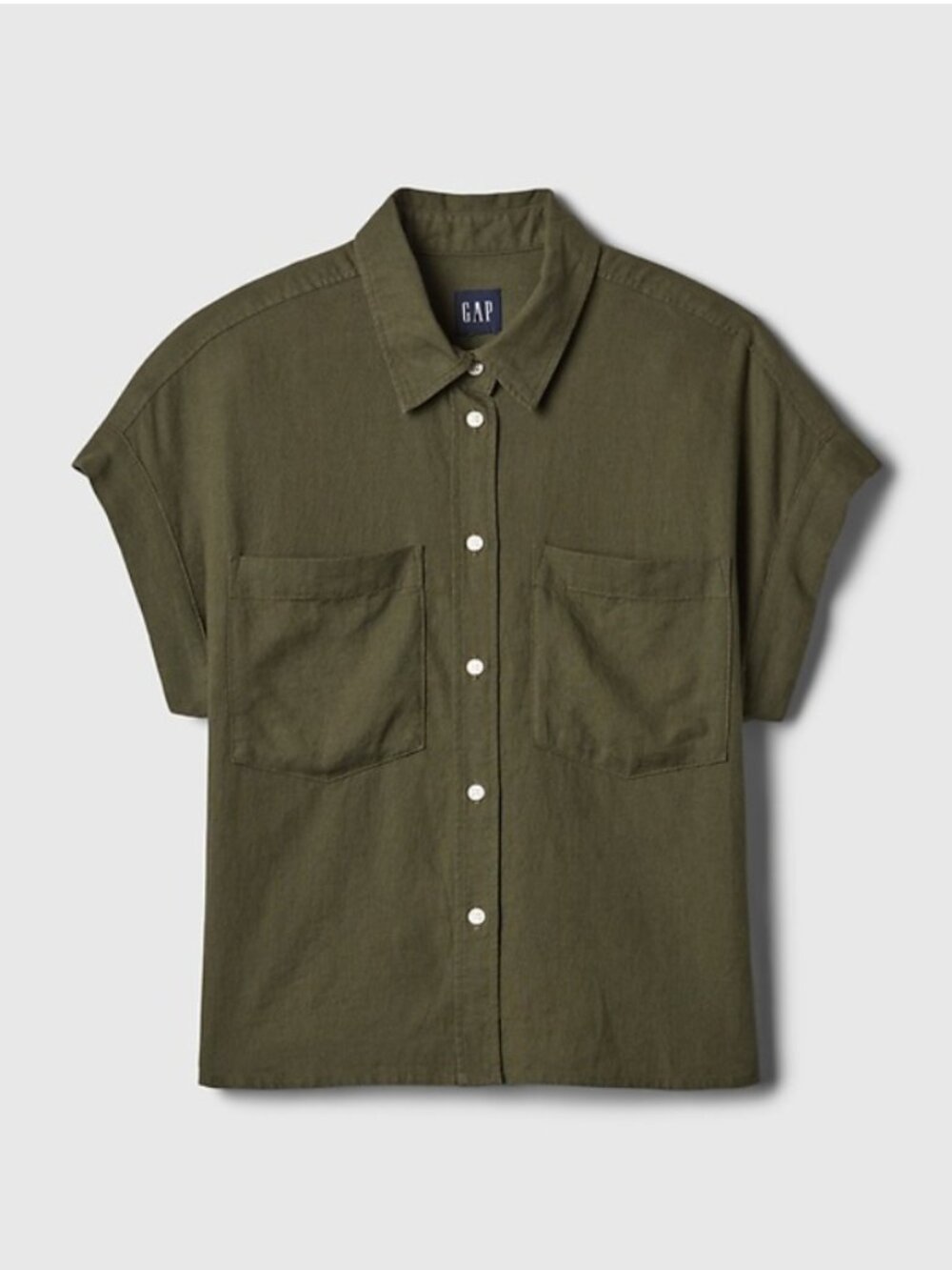 GAP Olive Green Linen Blend Cropped Button Down Shirt Small Tall NEW NWT 875993 - Picture 2 of 9